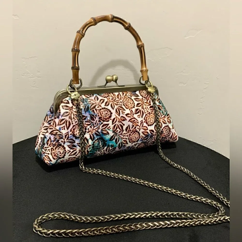 Handmade Genuine Leather Floral Embossed Real bamboo Handle Satchel/Crossbody